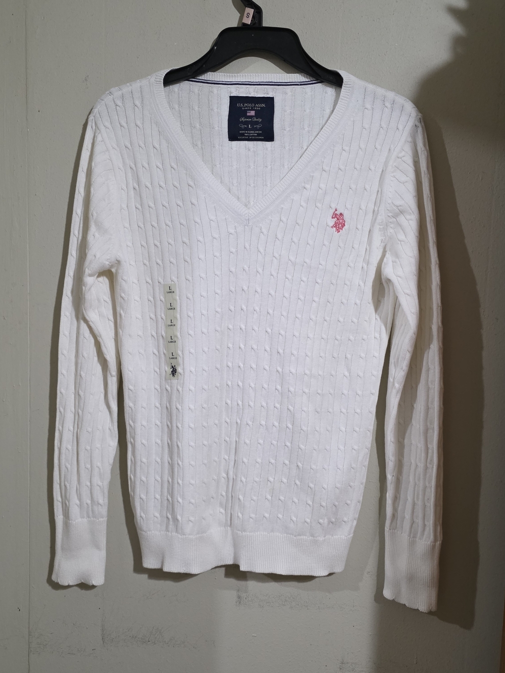 U.S. Polo Assn. White V-Neck Cable Knit Sweater with Pink Logo  New No Tag SizeL